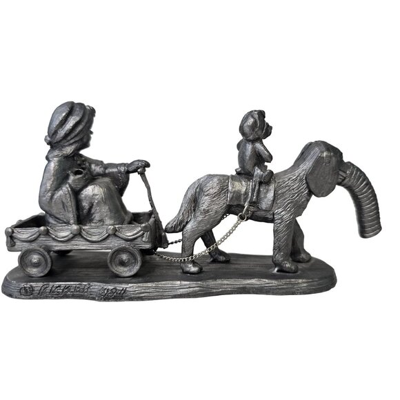 Vintage Michael Ricker 1984 Pewter Figurine Boy Riding dog Elephant Pulling Wago - Picture 1 of 10